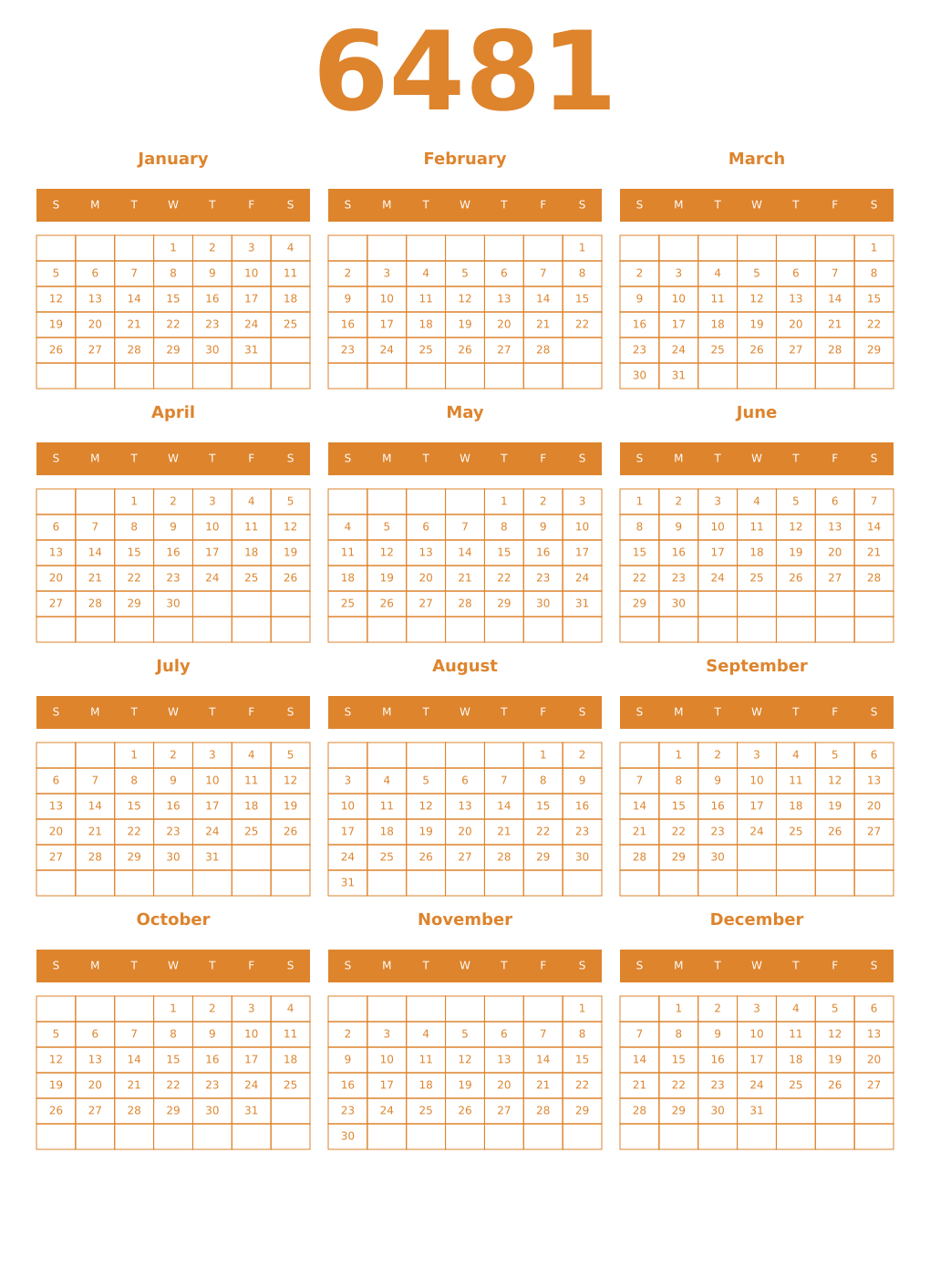 Printable 6481 Year Calendars orange