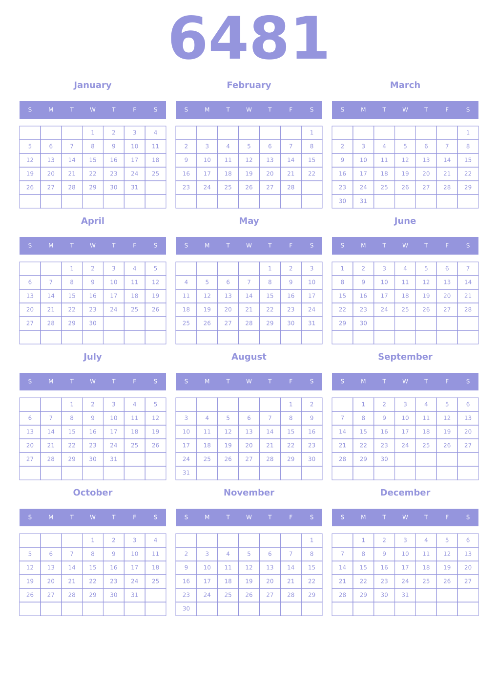 Printable 6481 Year Calendars periwinkle