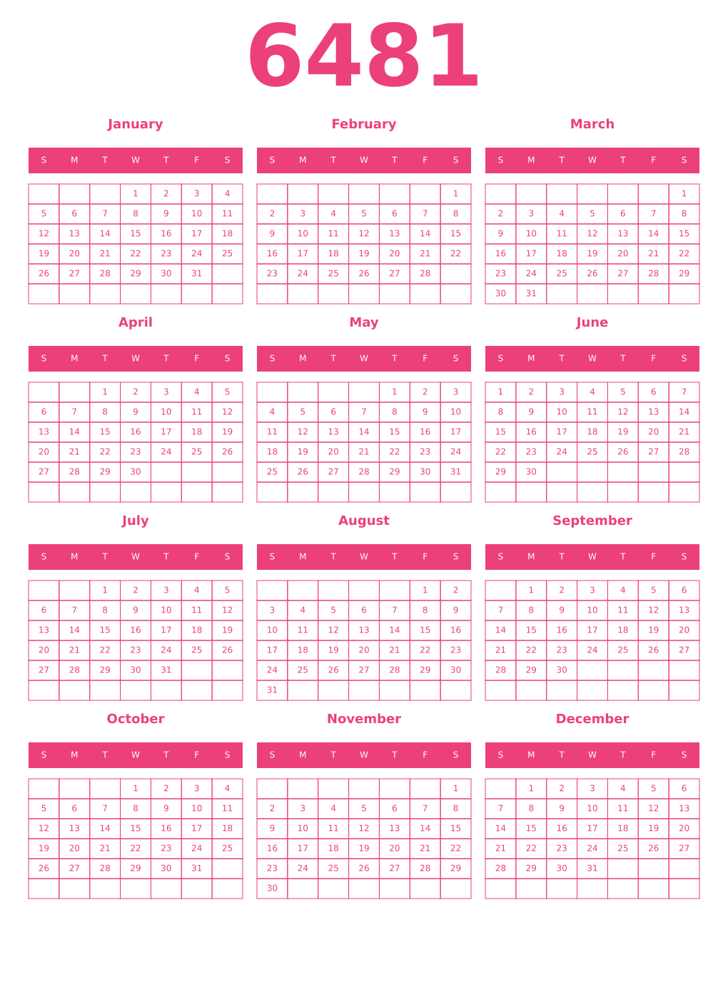 Printable 6481 Year Calendars pink