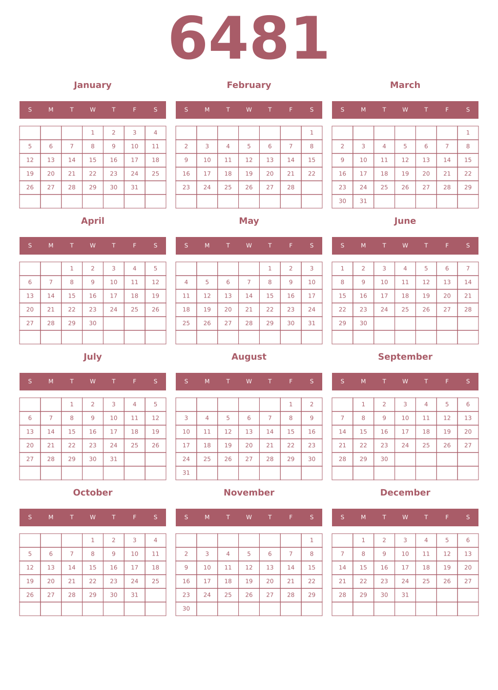 Printable 6481 Year Calendars puce