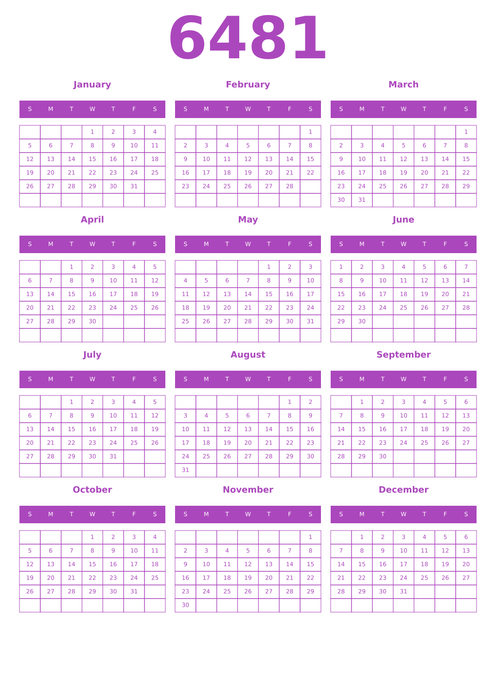 Printable 6481 Year Calendars purple