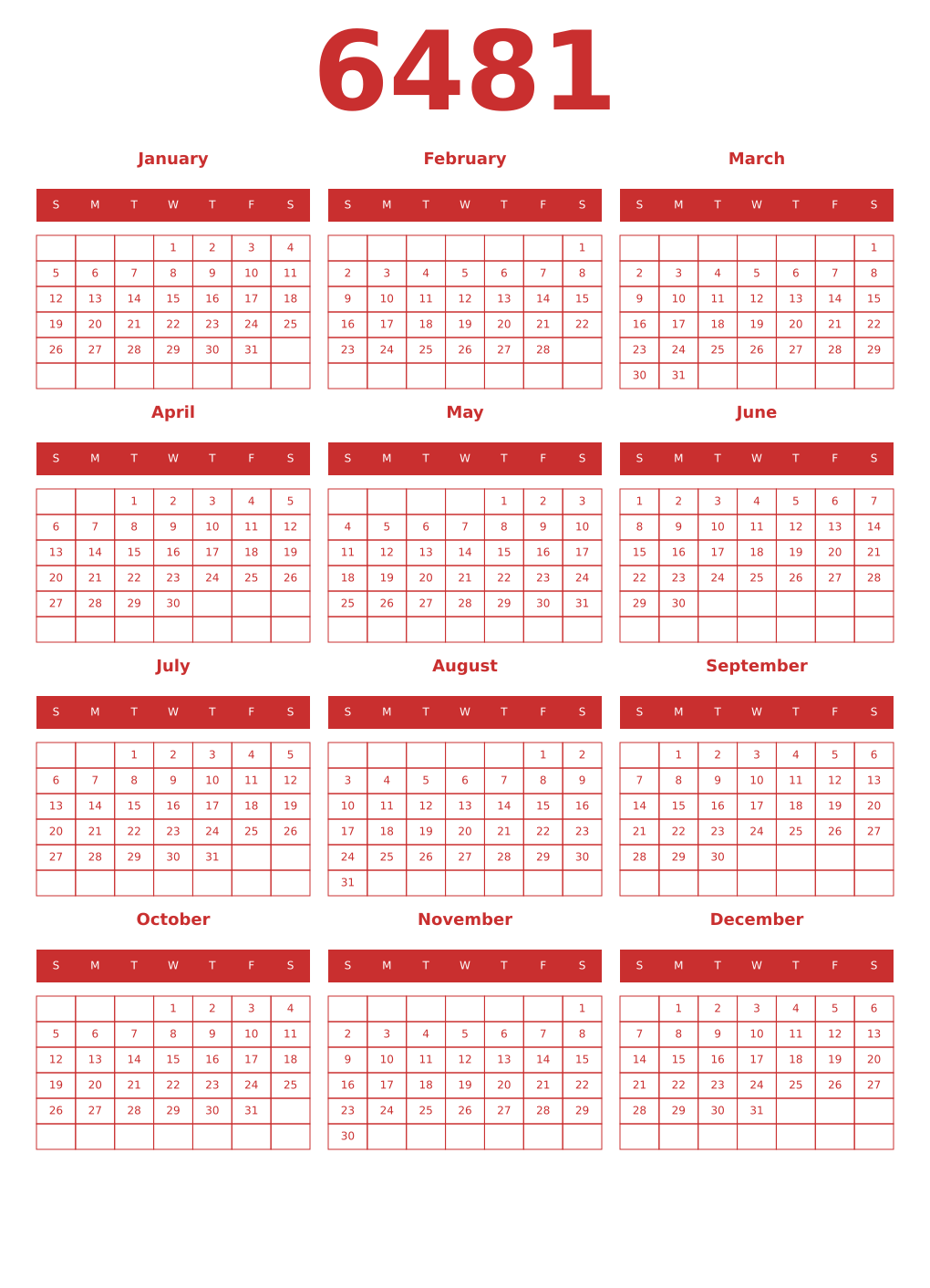 Printable 6481 Year Calendars red