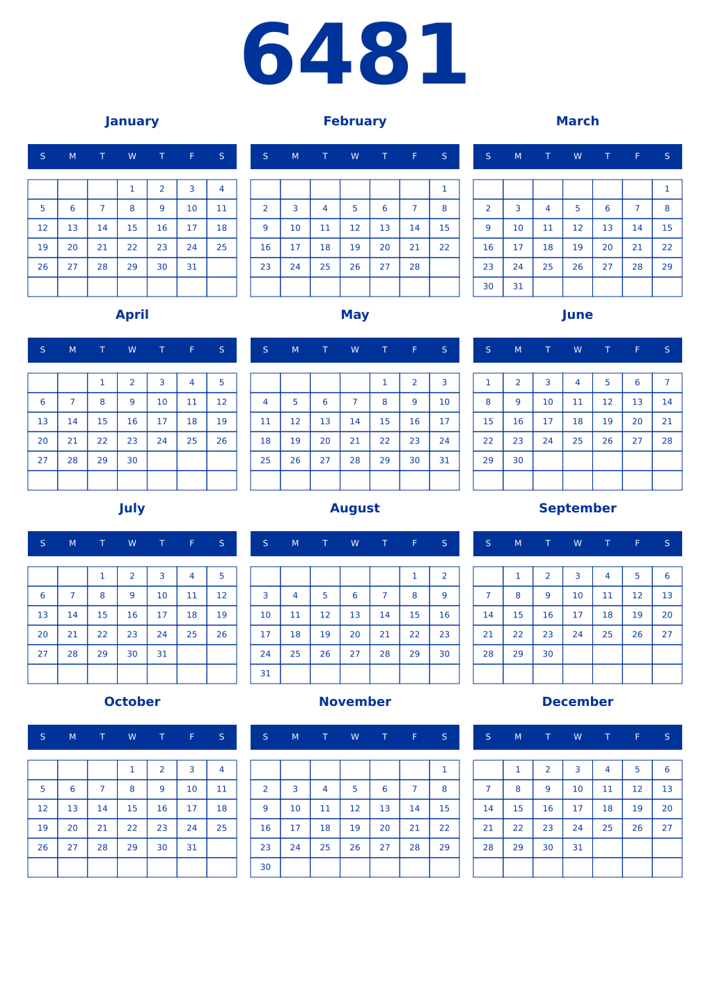 Printable 6481 Year Calendars smalt