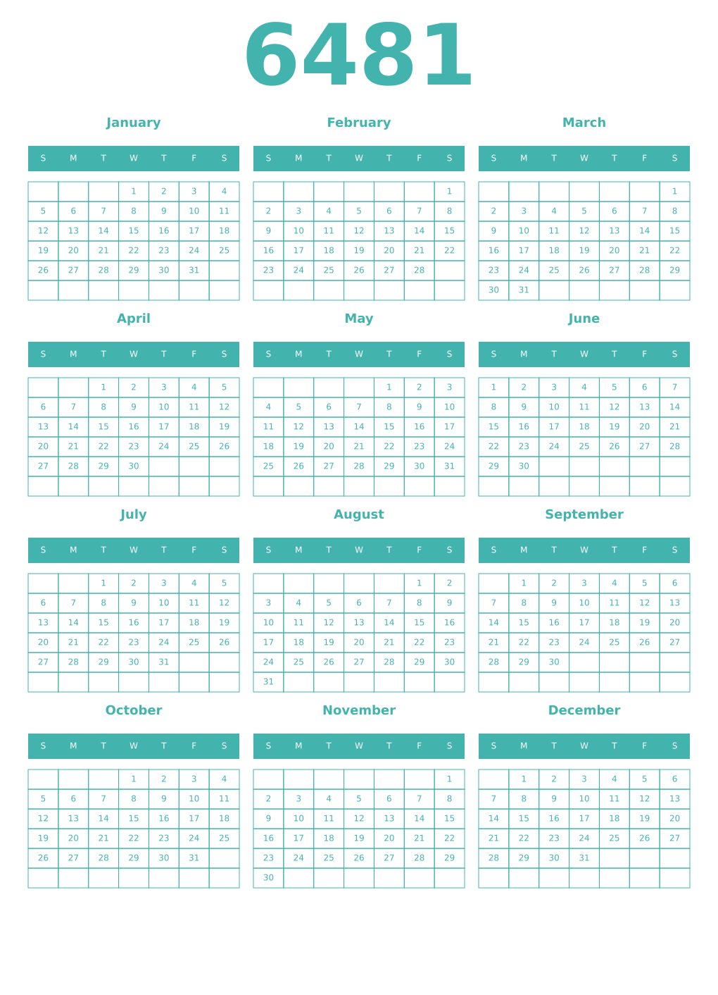 Printable 6481 Year Calendars verdigris