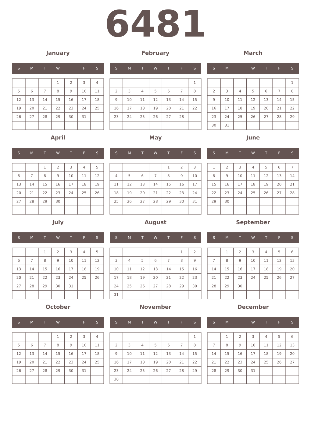 Printable 6481 Year Calendars wenge