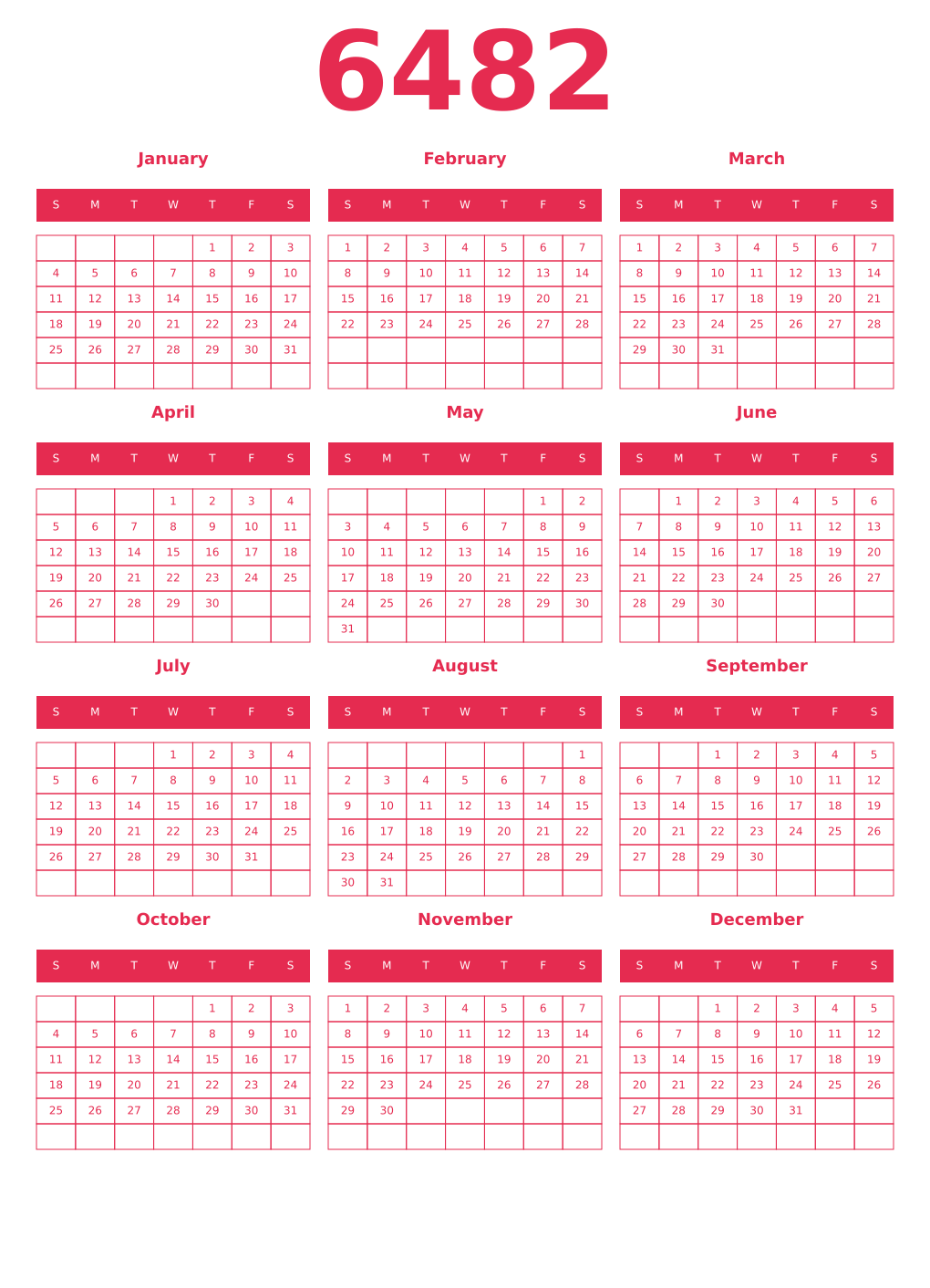 Printable 6482 Year Calendars amaranth