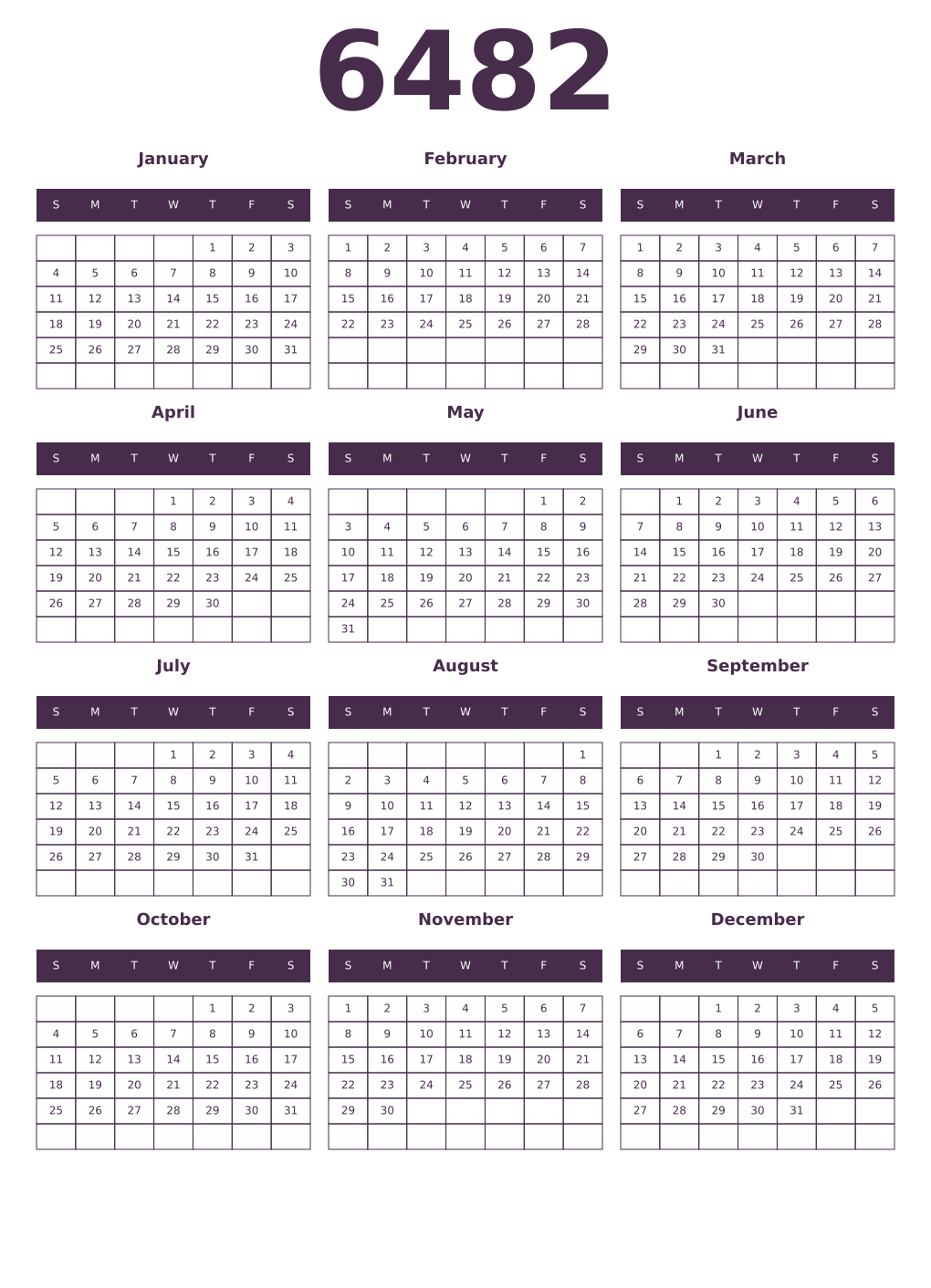 Printable 6482 Year Calendars aubergine