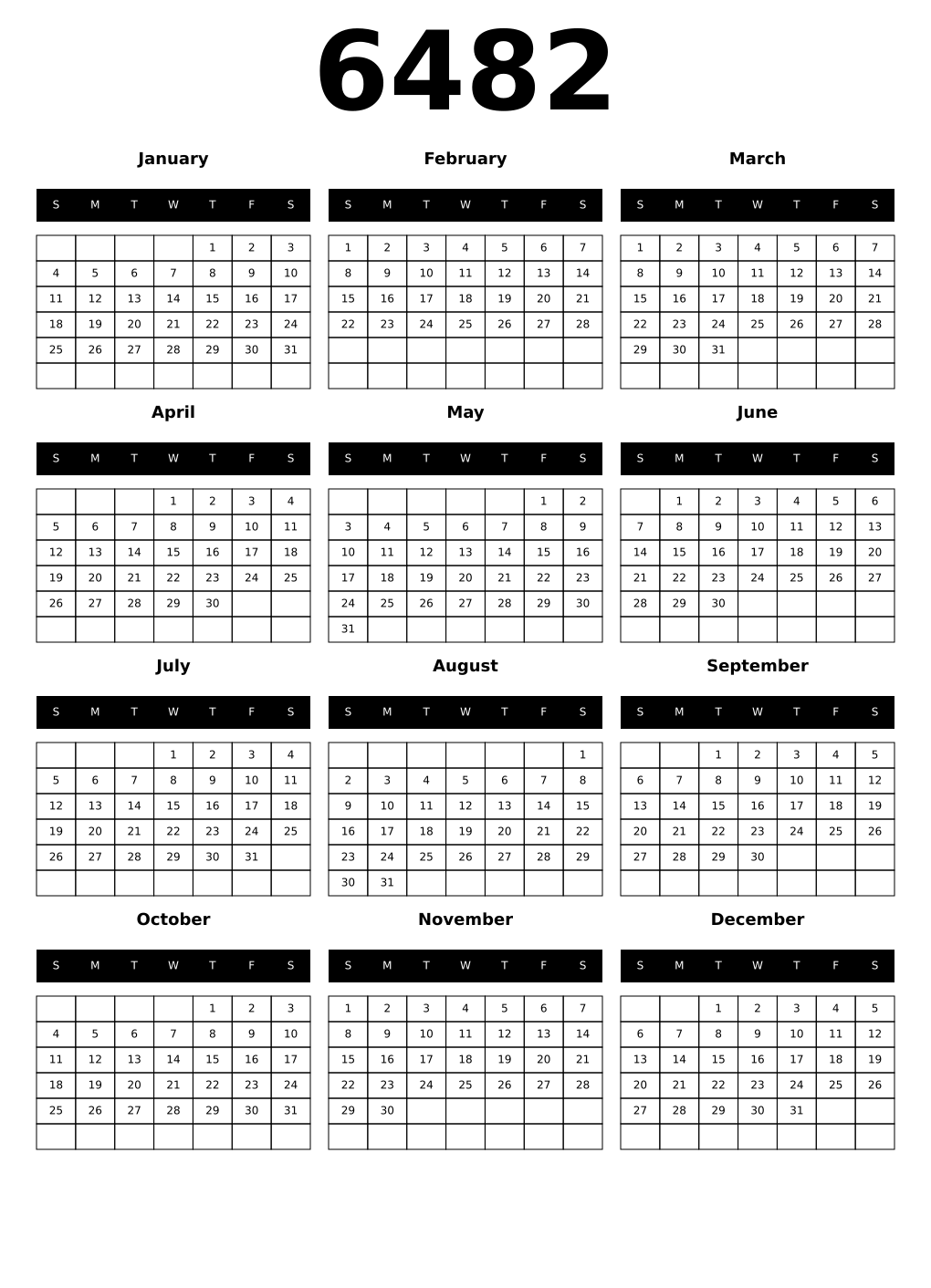 Printable 6482 Year Calendars black