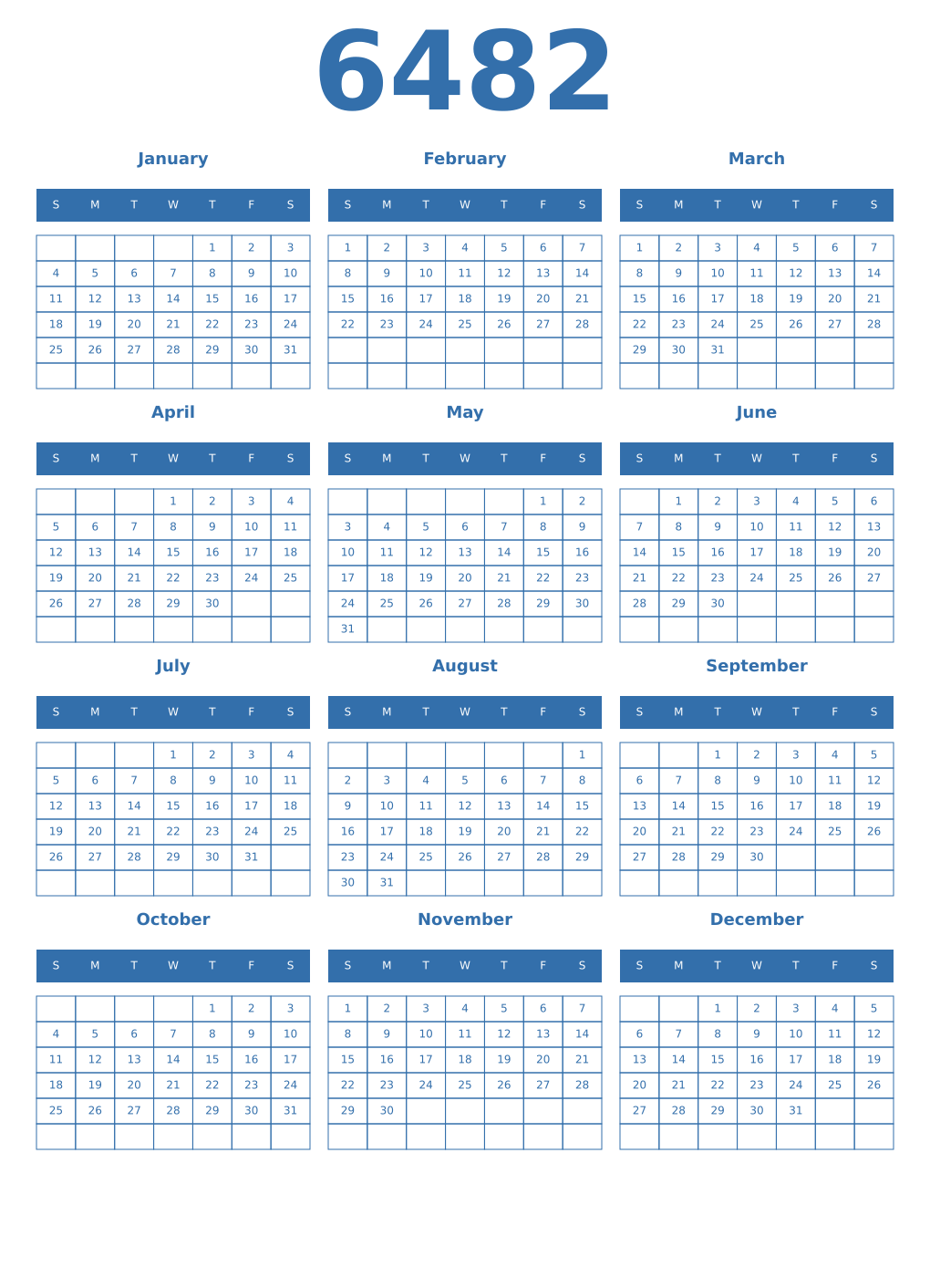 Printable 6482 Year Calendars blue