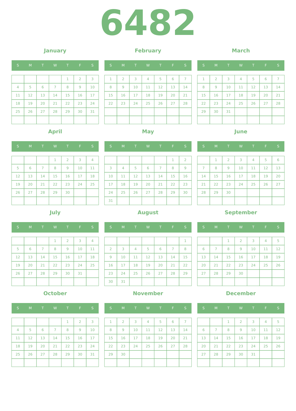 Printable 6482 Year Calendars celadon