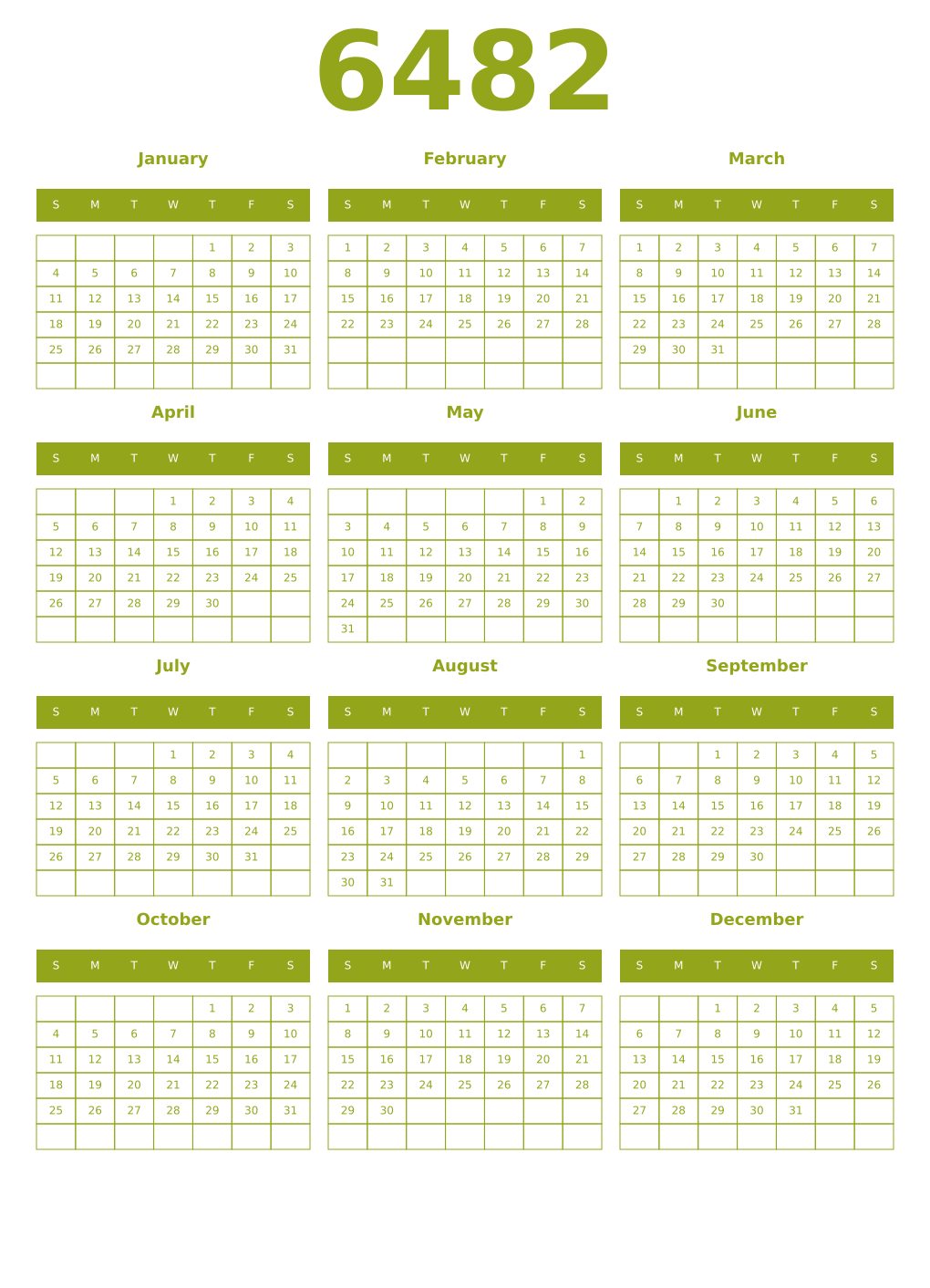 Printable 6482 Year Calendars chartreuse