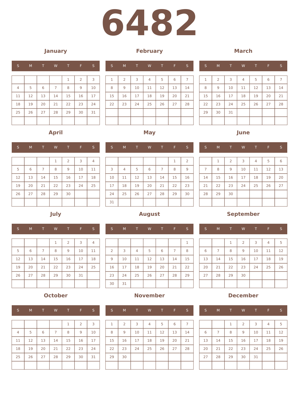 Printable 6482 Year Calendars coffe