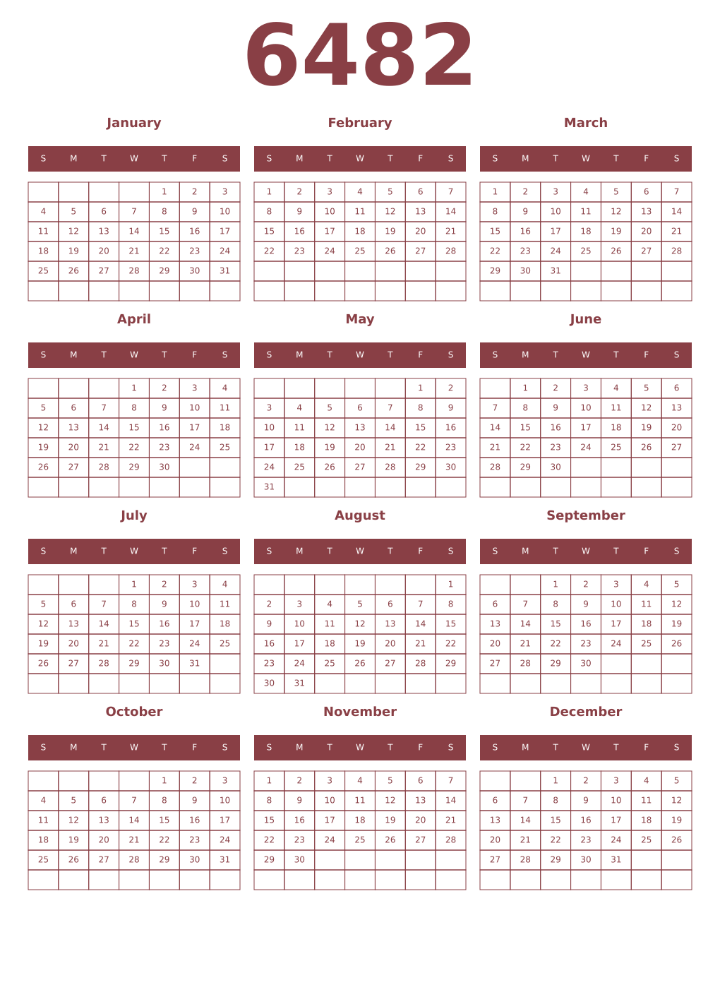 Printable 6482 Year Calendars cordovan