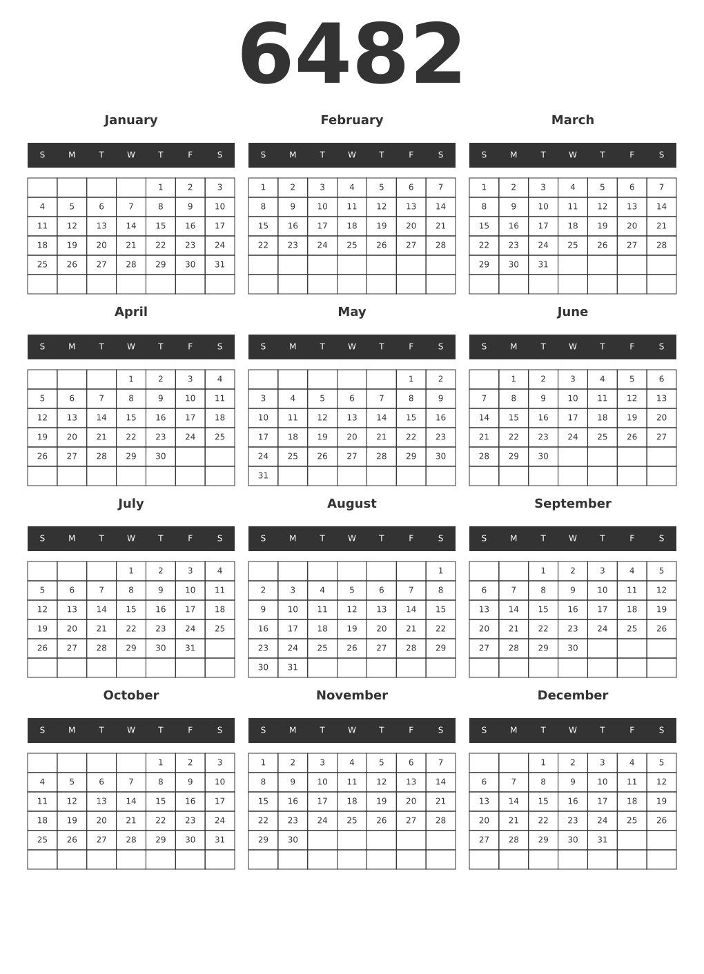 Printable 6482 Year Calendars dark