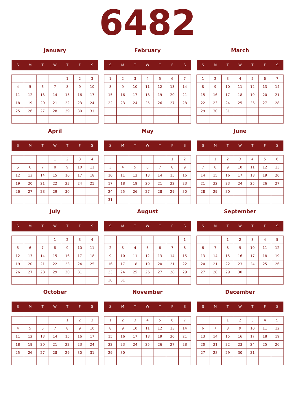 Printable 6482 Year Calendars falu