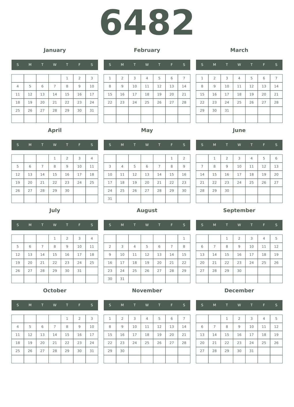 Printable 6482 Year Calendars feldgrau