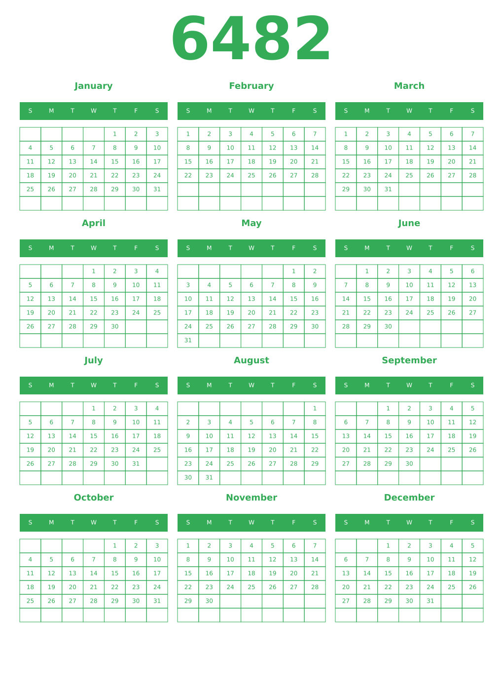 Printable 6482 Year Calendars green