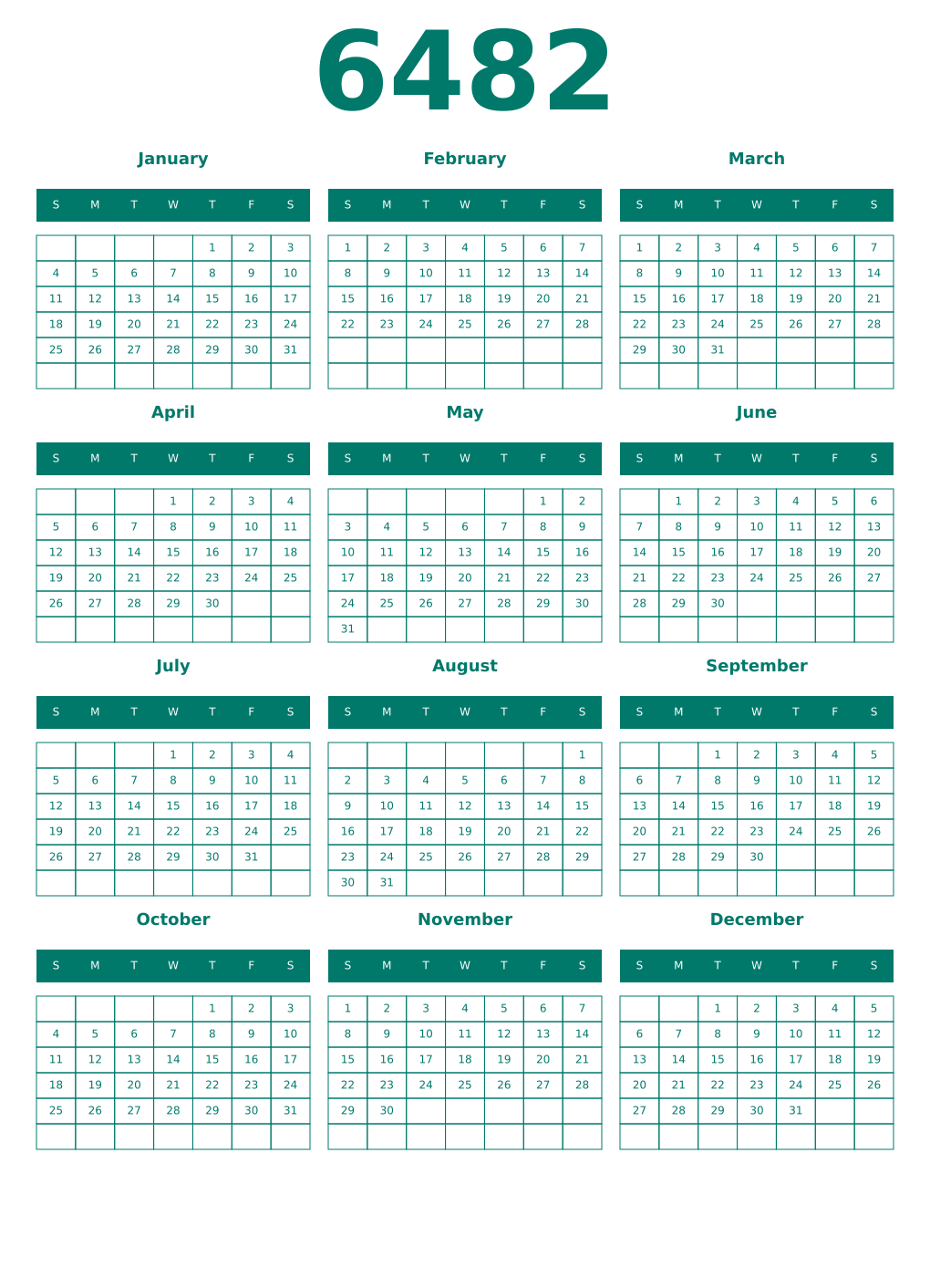 Printable 6482 Year Calendars pastel