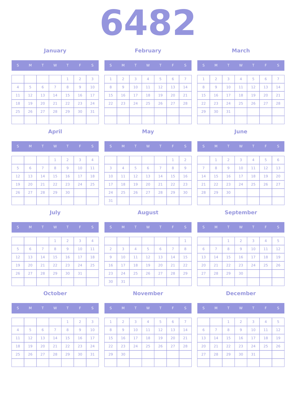 Printable 6482 Year Calendars periwinkle