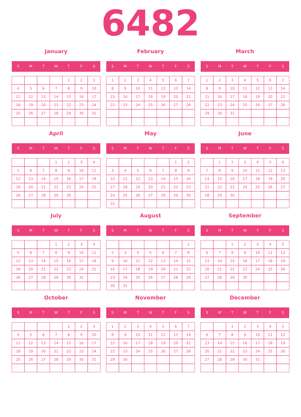 Printable 6482 Year Calendars pink