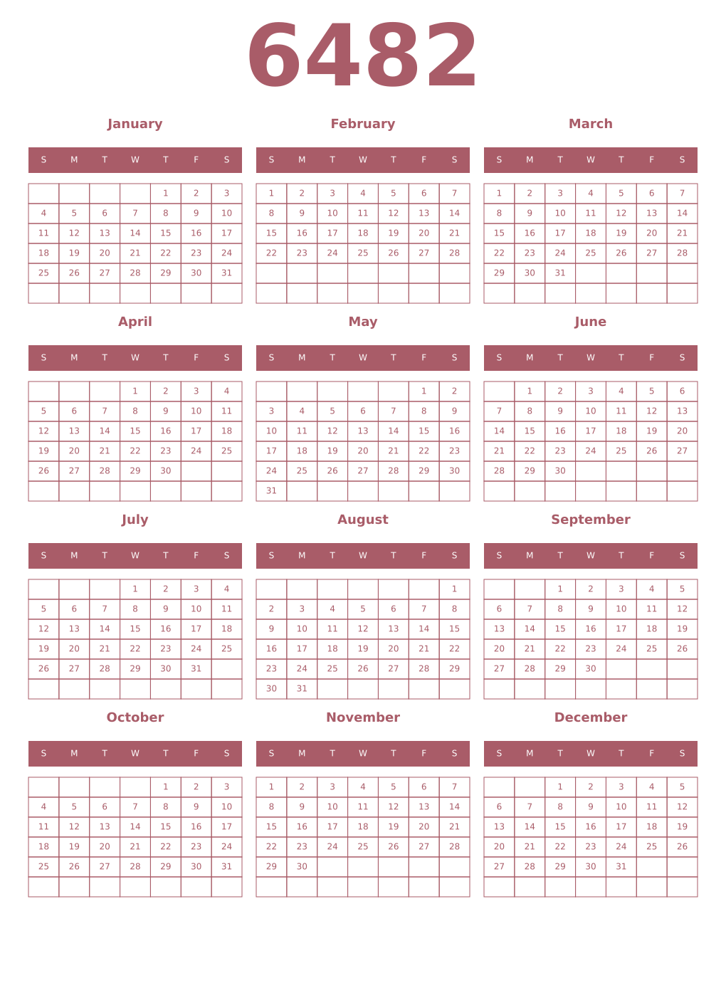 Printable 6482 Year Calendars puce
