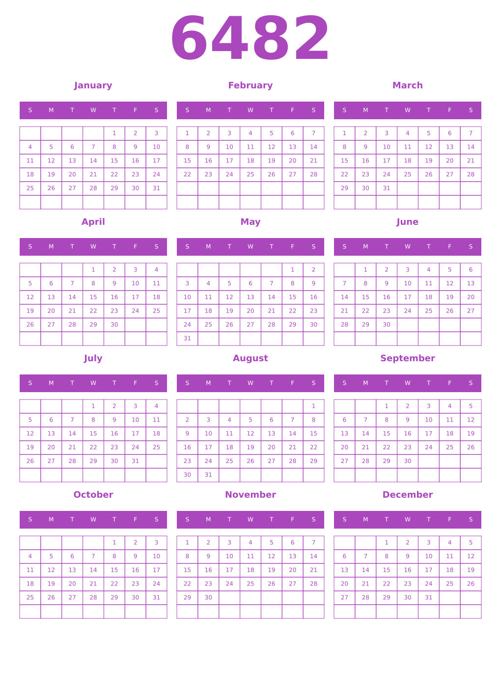 Printable 6482 Year Calendars purple