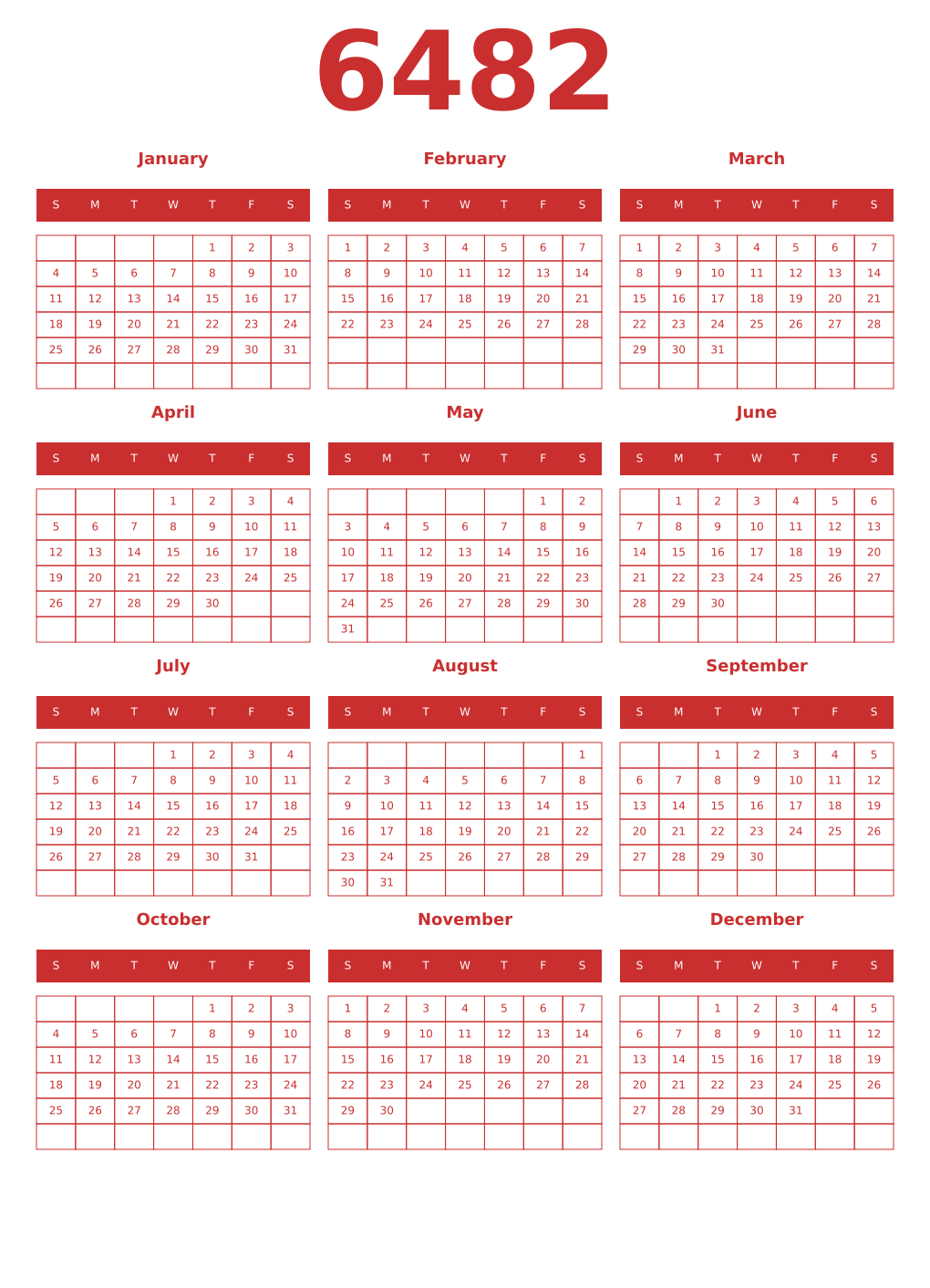 Printable 6482 Year Calendars red