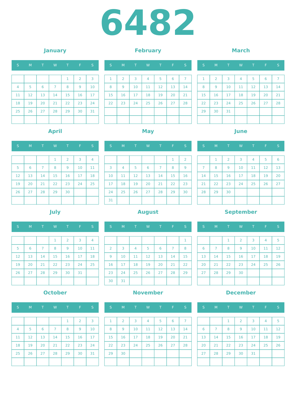 Printable 6482 Year Calendars verdigris