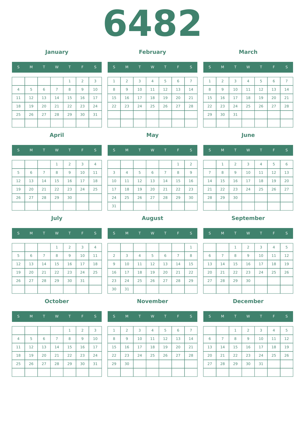 Printable 6482 Year Calendars viridian