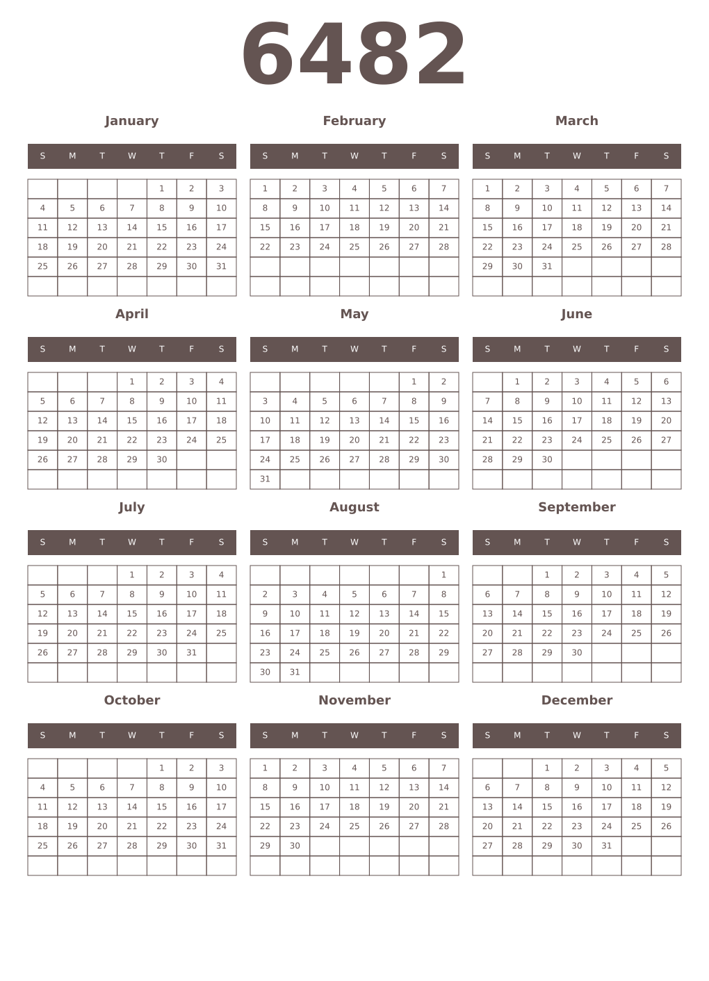 Printable 6482 Year Calendars wenge