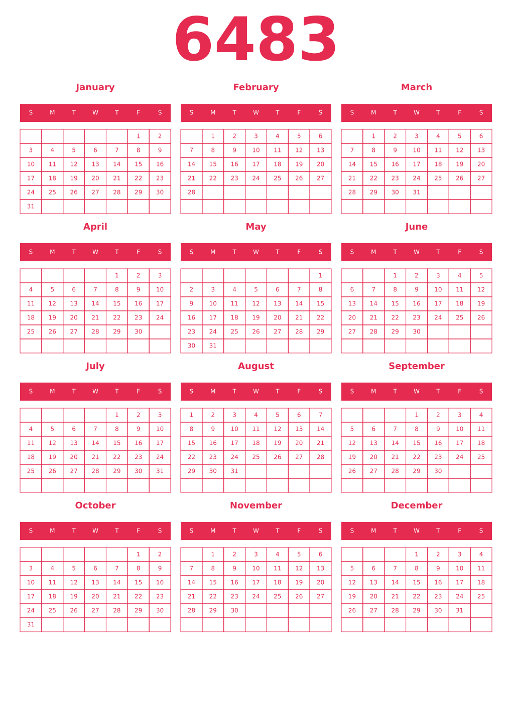 Printable 6483 Year Calendars amaranth