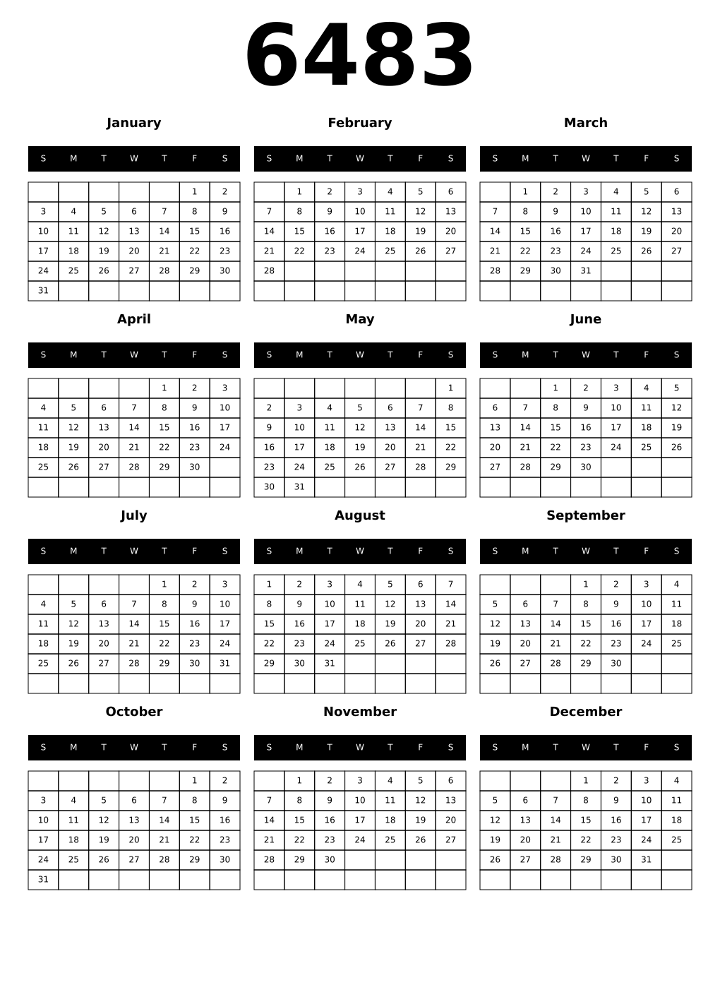 Printable 6483 Year Calendars black