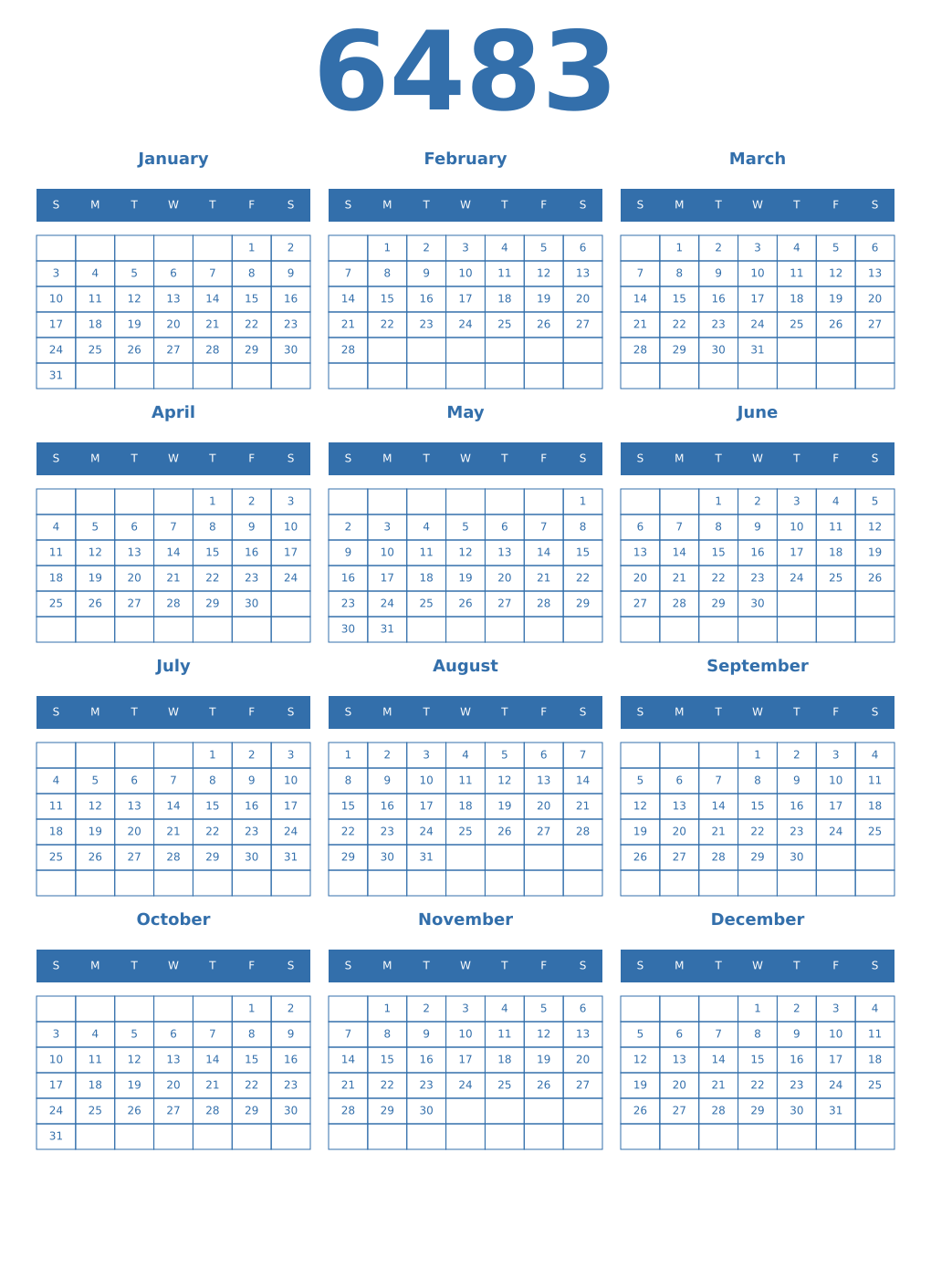 Printable 6483 Year Calendars blue