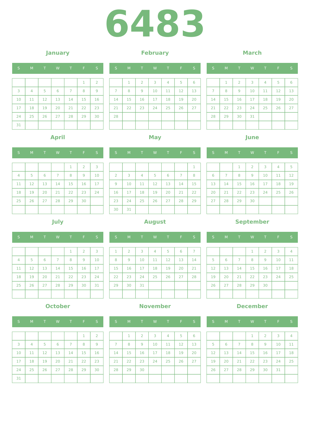 Printable 6483 Year Calendars celadon