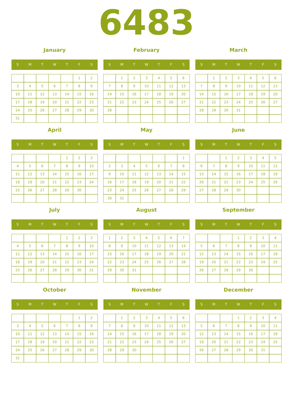 Printable 6483 Year Calendars chartreuse