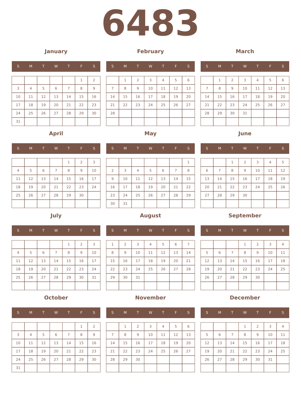 Printable 6483 Year Calendars coffe