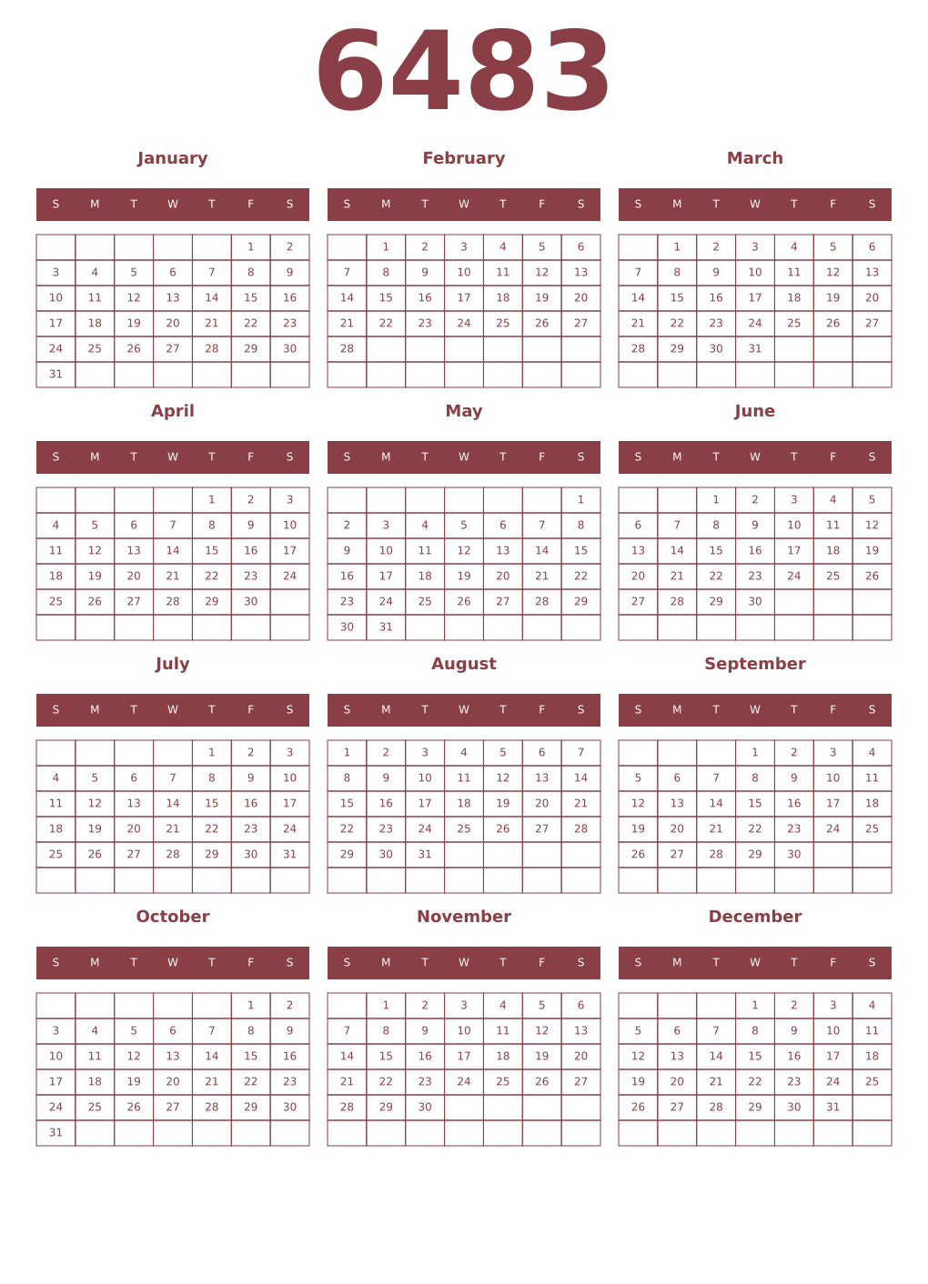 Printable 6483 Year Calendars cordovan