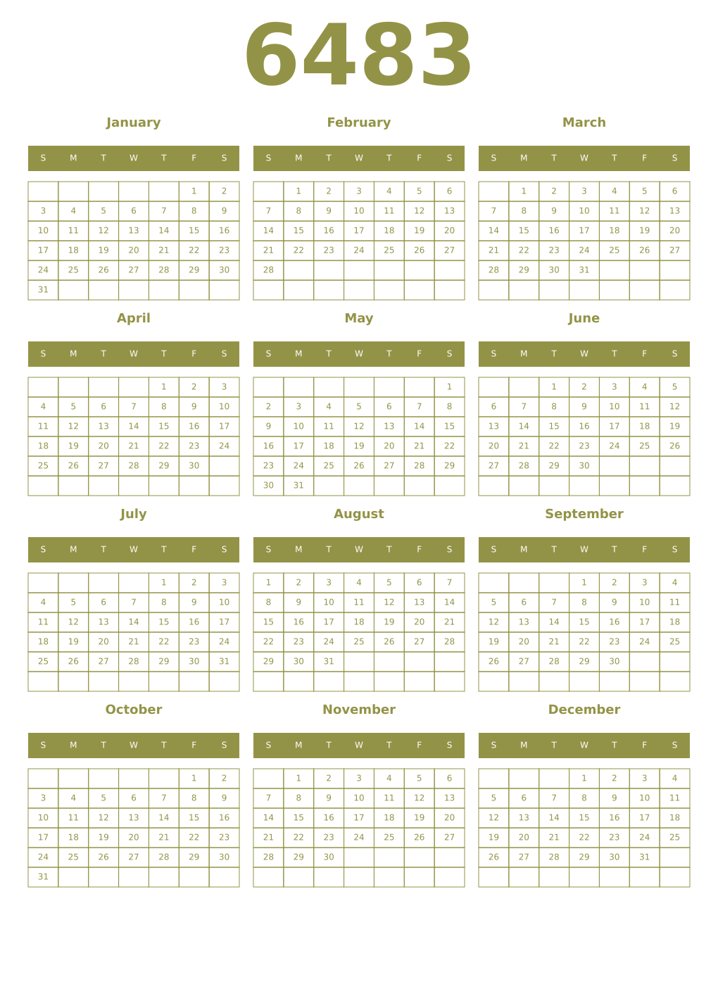 Printable 6483 Year Calendars eburnean