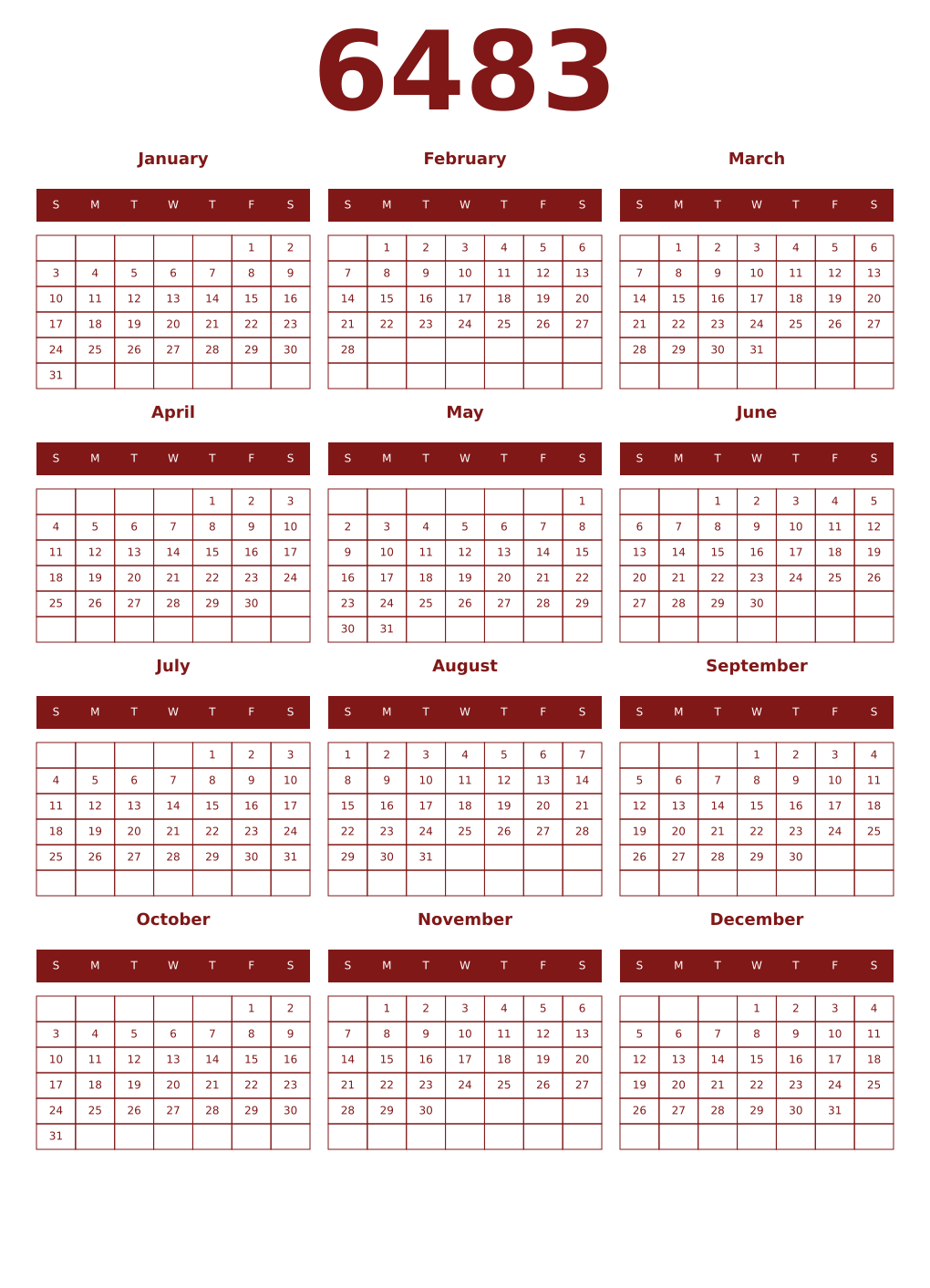 Printable 6483 Year Calendars falu