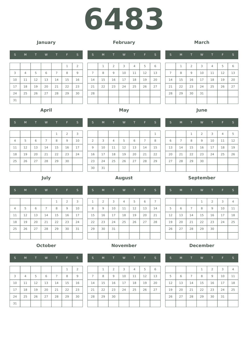 Printable 6483 Year Calendars feldgrau