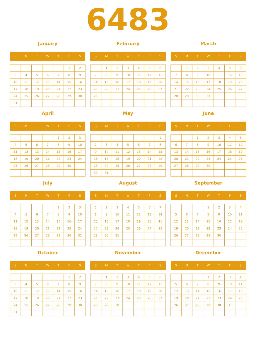 Printable 6483 Year Calendars gamboge