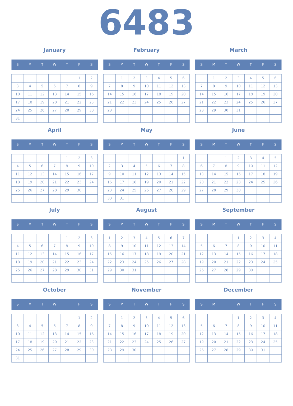 Printable 6483 Year Calendars glaucous