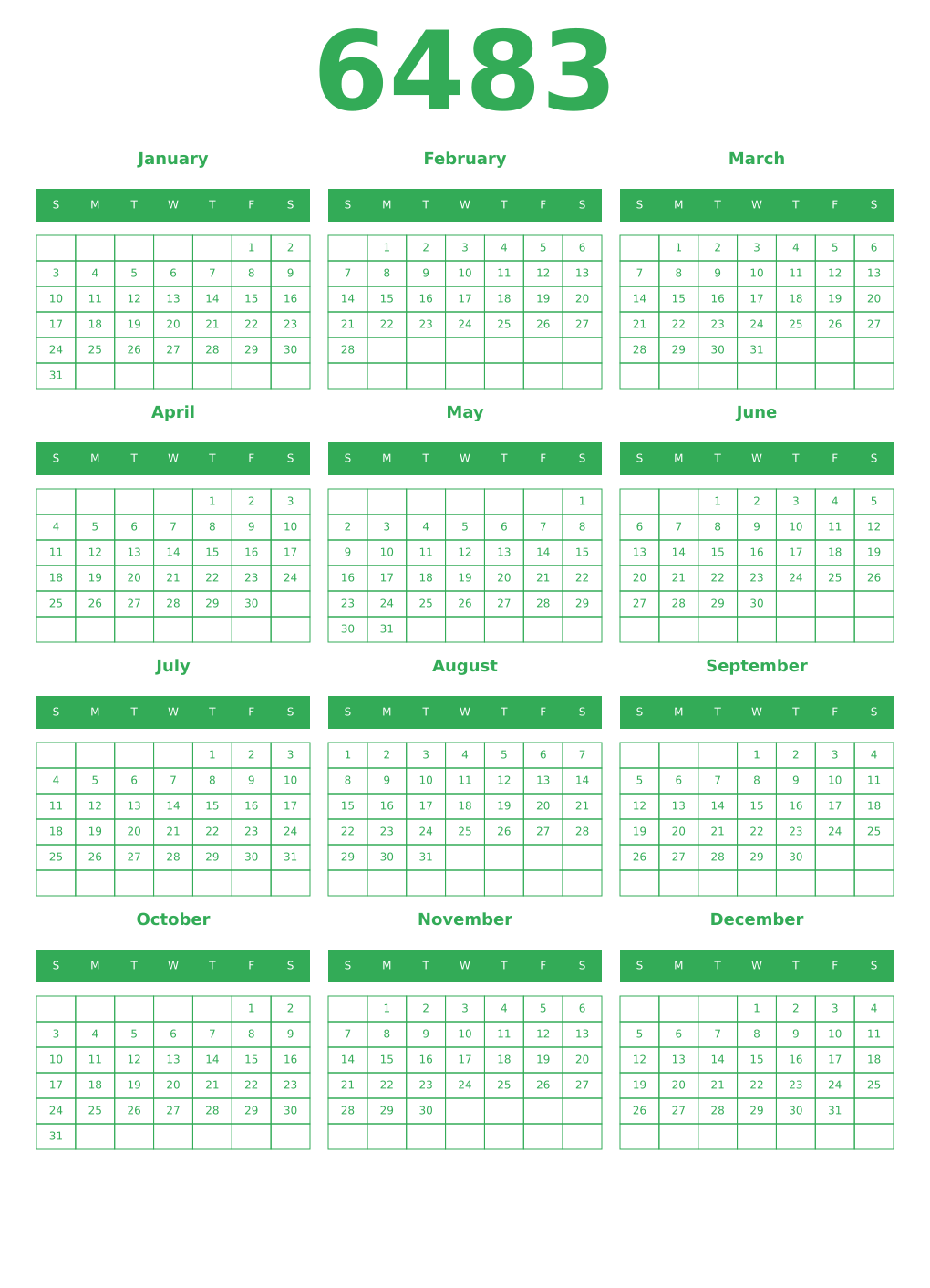 Printable 6483 Year Calendars green