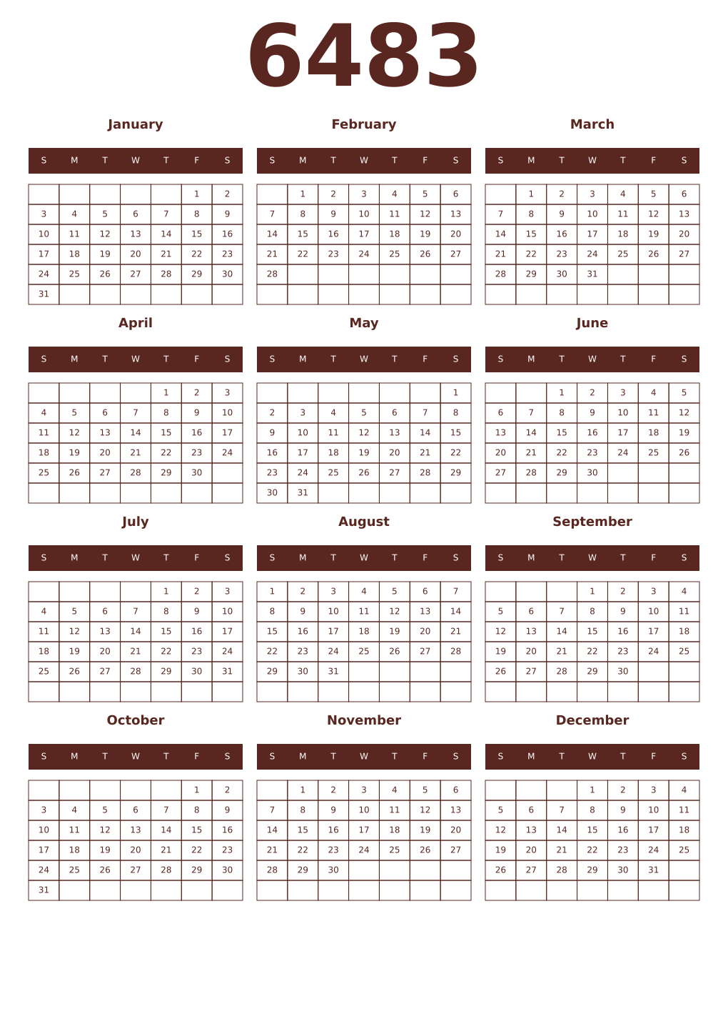 Printable 6483 Year Calendars mortuum