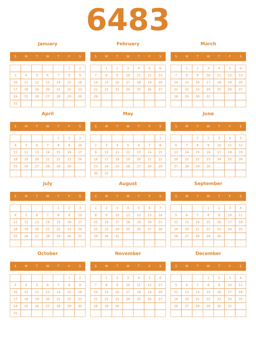 Printable 6483 Year Calendars orange