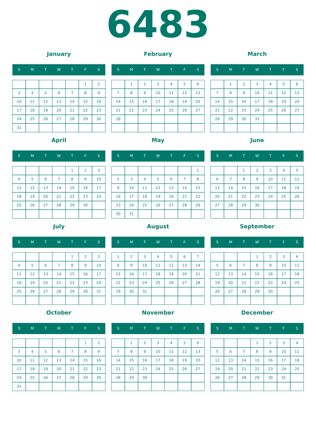 Printable 6483 Year Calendars pastel
