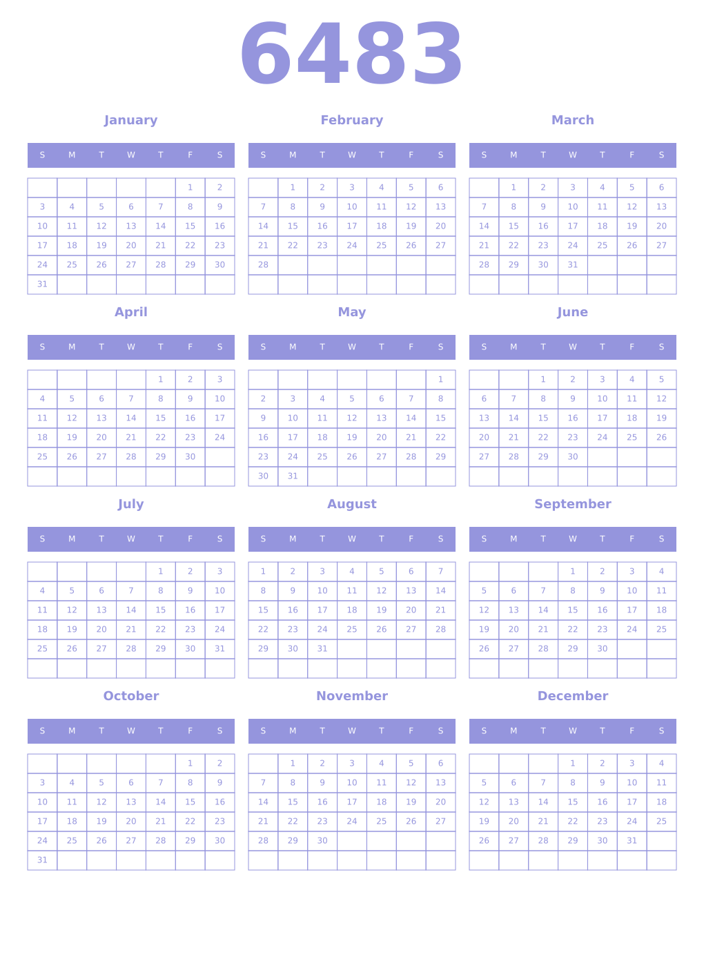 Printable 6483 Year Calendars periwinkle