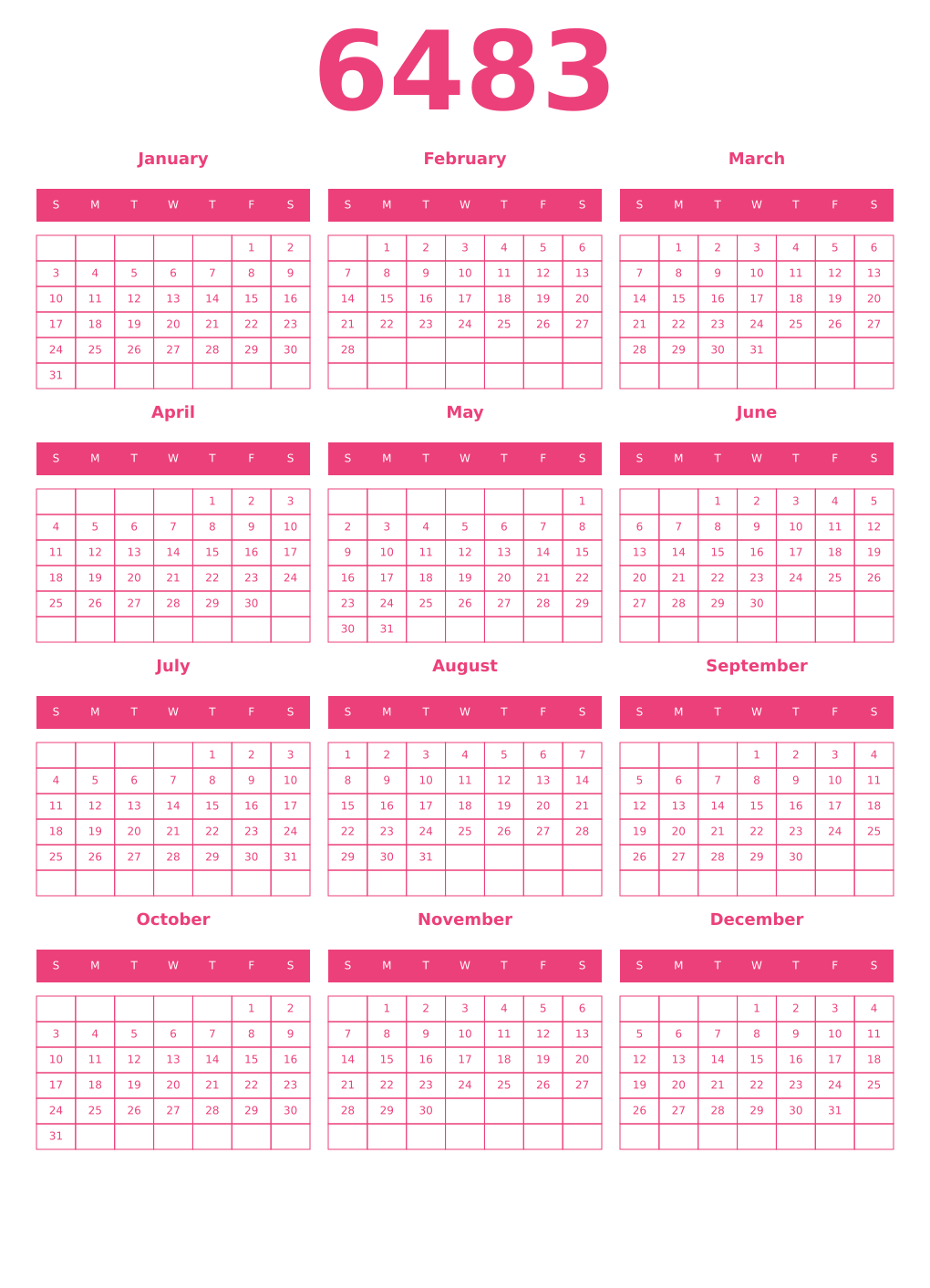 Printable 6483 Year Calendars pink