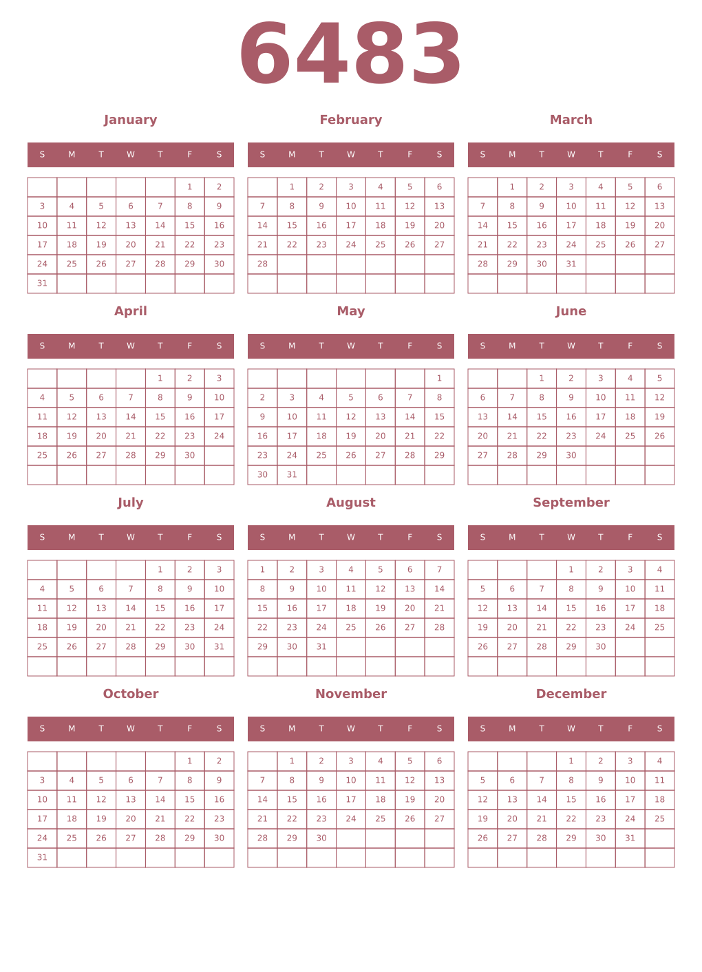 Printable 6483 Year Calendars puce