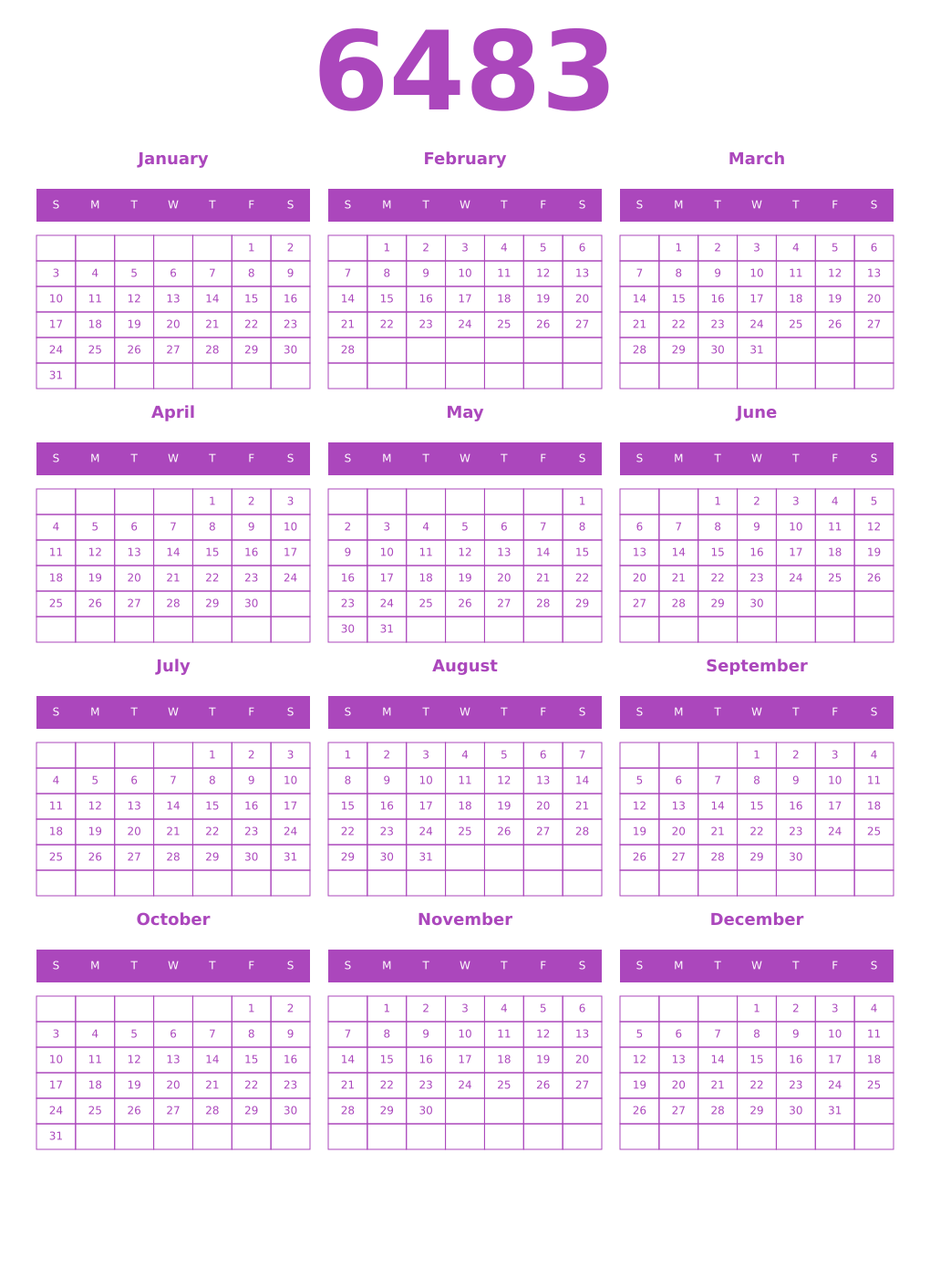 Printable 6483 Year Calendars purple